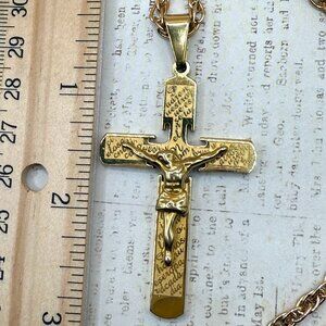 Large Stainless Steel Yellow Gold Spanish Crucifix Cross Pendant Necklace